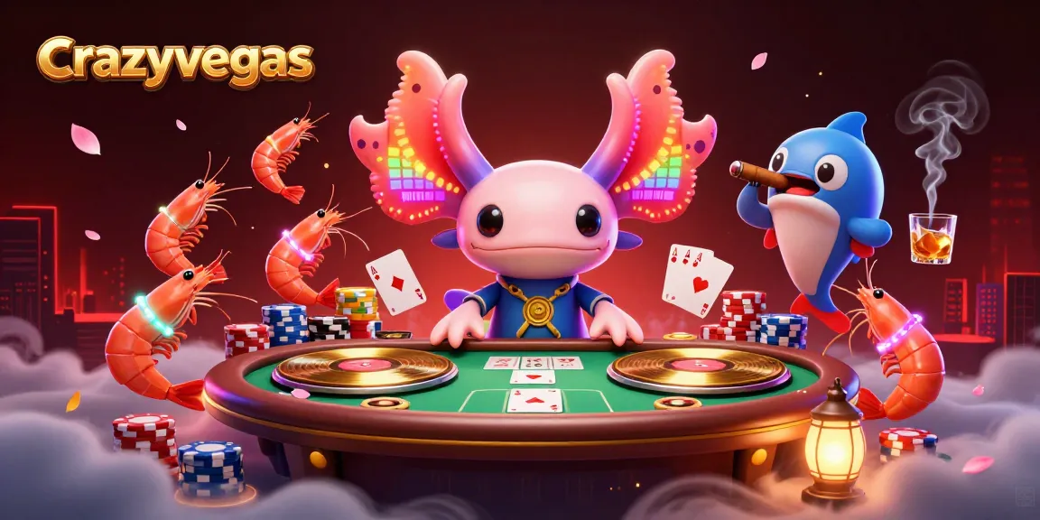 Engage with crazyvegas in a vibrant casino scene featuring an axolotl DJ and dancing shrimp.