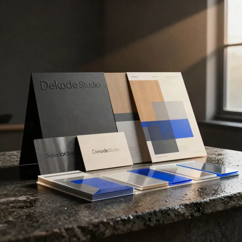Cinematic studio still life of logo plaques, brand cards, paper stocks and a website mock panel.