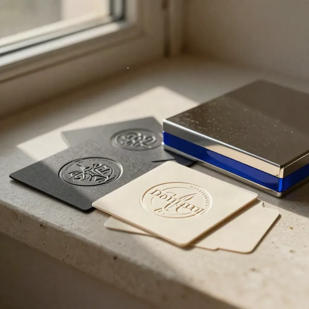 Embossed logo suite on stone with cobalt accent, presented like a premium brand reveal.