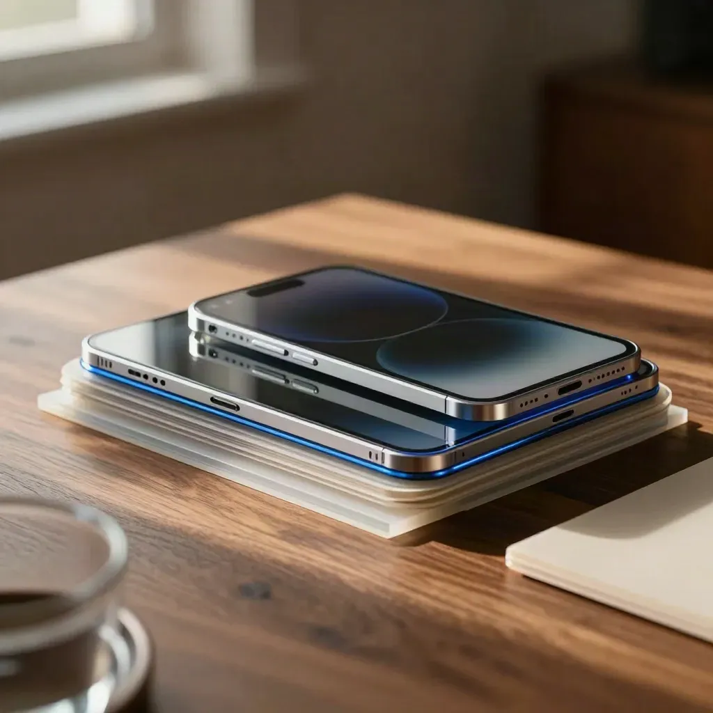Glass UI mockup pieces and tablet frame stacked on a walnut workbench with cobalt reflections.