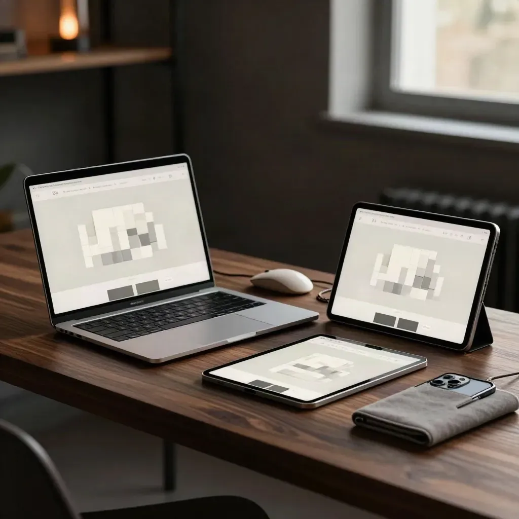 Angled laptop, tablet and phone displaying a modular website layout beside a ceramic mouse.