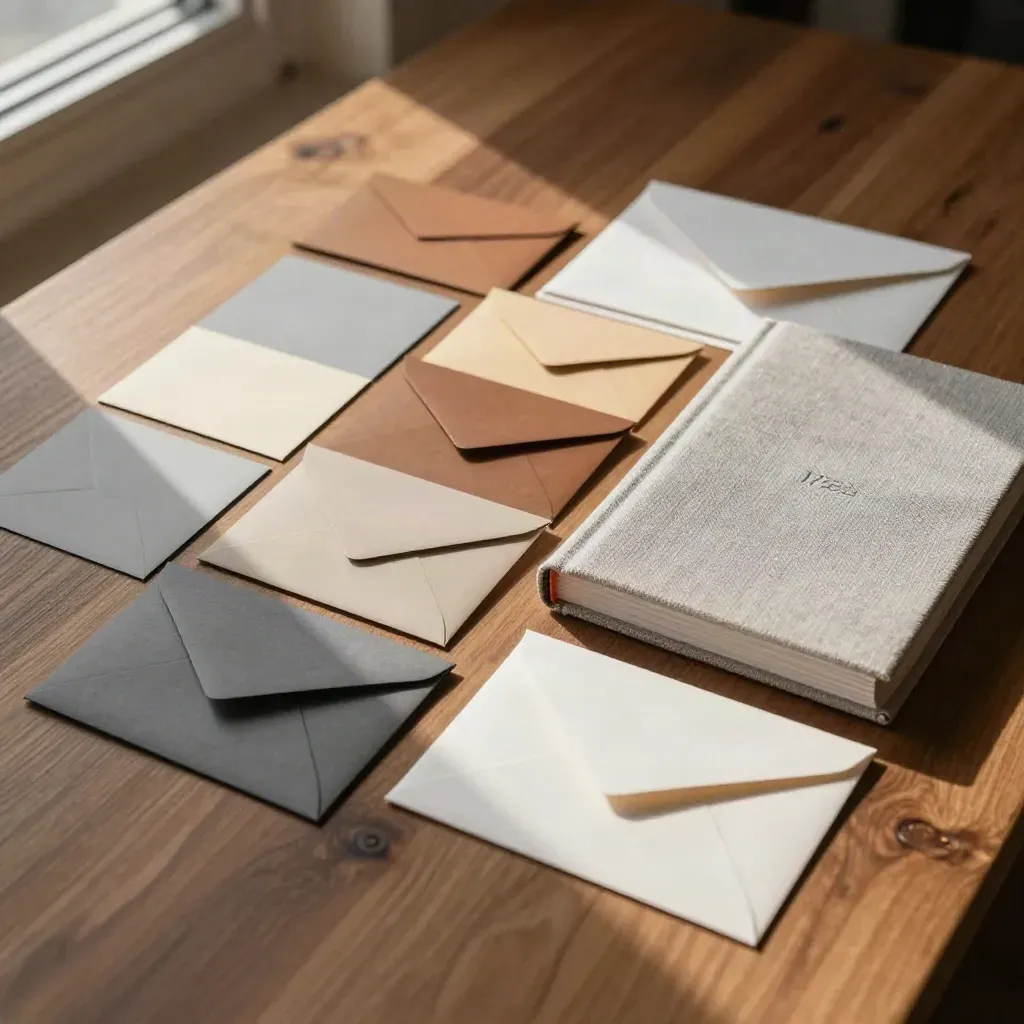 Overhead identity kit with color chips, type tiles, brand book, and envelope mockups on warm linen.