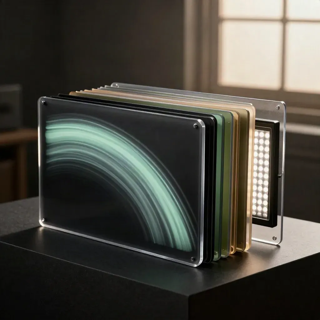 Looping lightbox, acetate cards, and LED streaks on a dark studio plinth