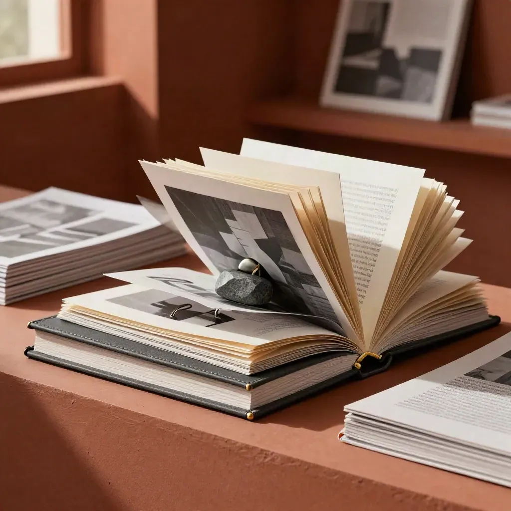 Side view of a premium investor pitch deck with brass clips and a paperweight in a studio niche.