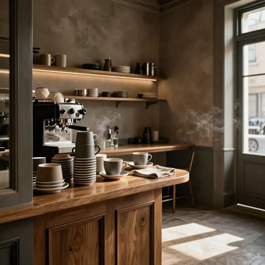 Empty café refresh with cups, saucers, and a steaming espresso station in warm window light