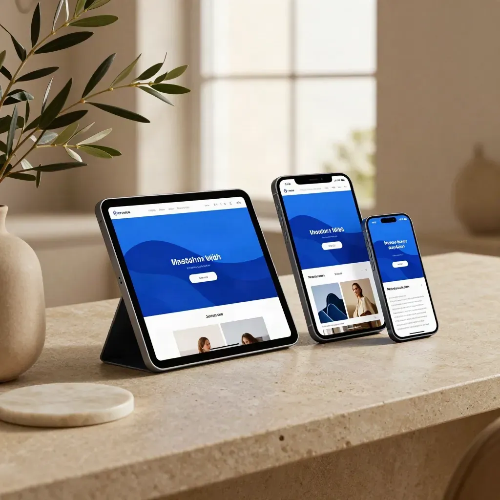 Three angled devices on stone with a potted branch, cobalt glow, and travertine coaster.