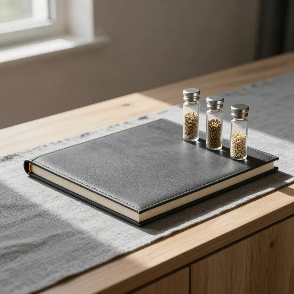 Pitch deck, folio case and seed vial on a linen-draped credenza in warm window light