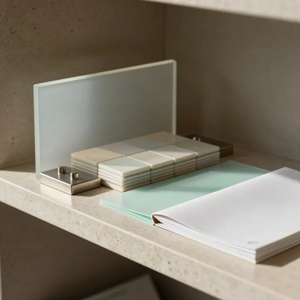 Frosted acrylic identity panel, social mockups, and mint materials on a stone shelf.