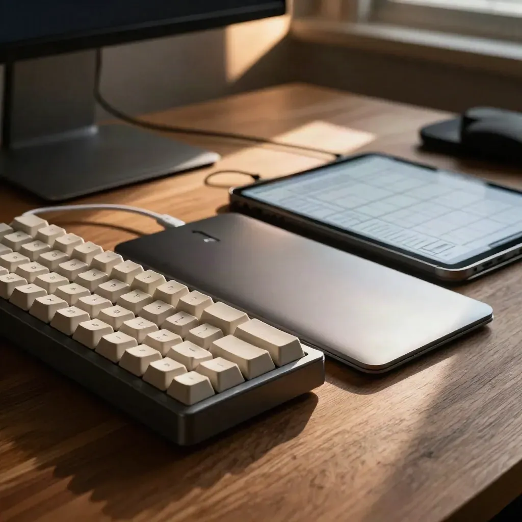 Mechanical keyboard, trackpad, tablet and cable loop on a dark walnut design bench.