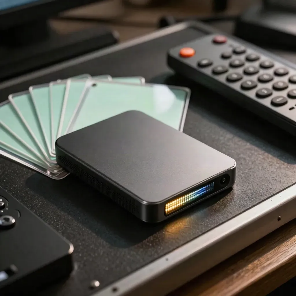 Portable SSD, LED panel, acetate frame cards and remote on a dark edit tray with mint reflections.