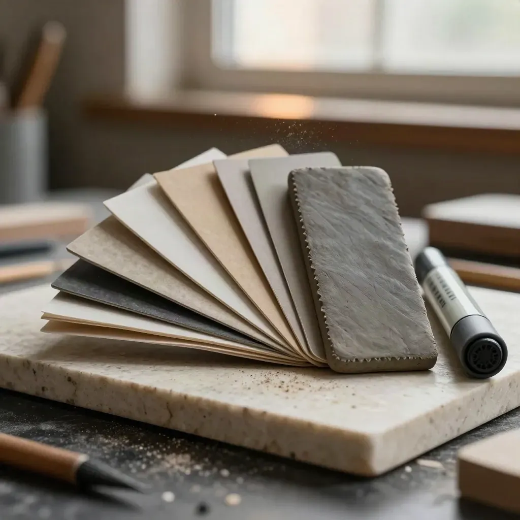 Macro of a clay brand maquette with swatches, bone folder and marker cap on travertine.