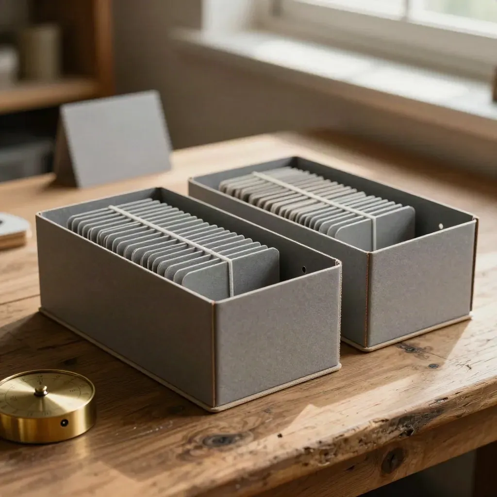 Archive boxes, dividers, cable ties, and a brass schedule wheel on a warm wood workbench.