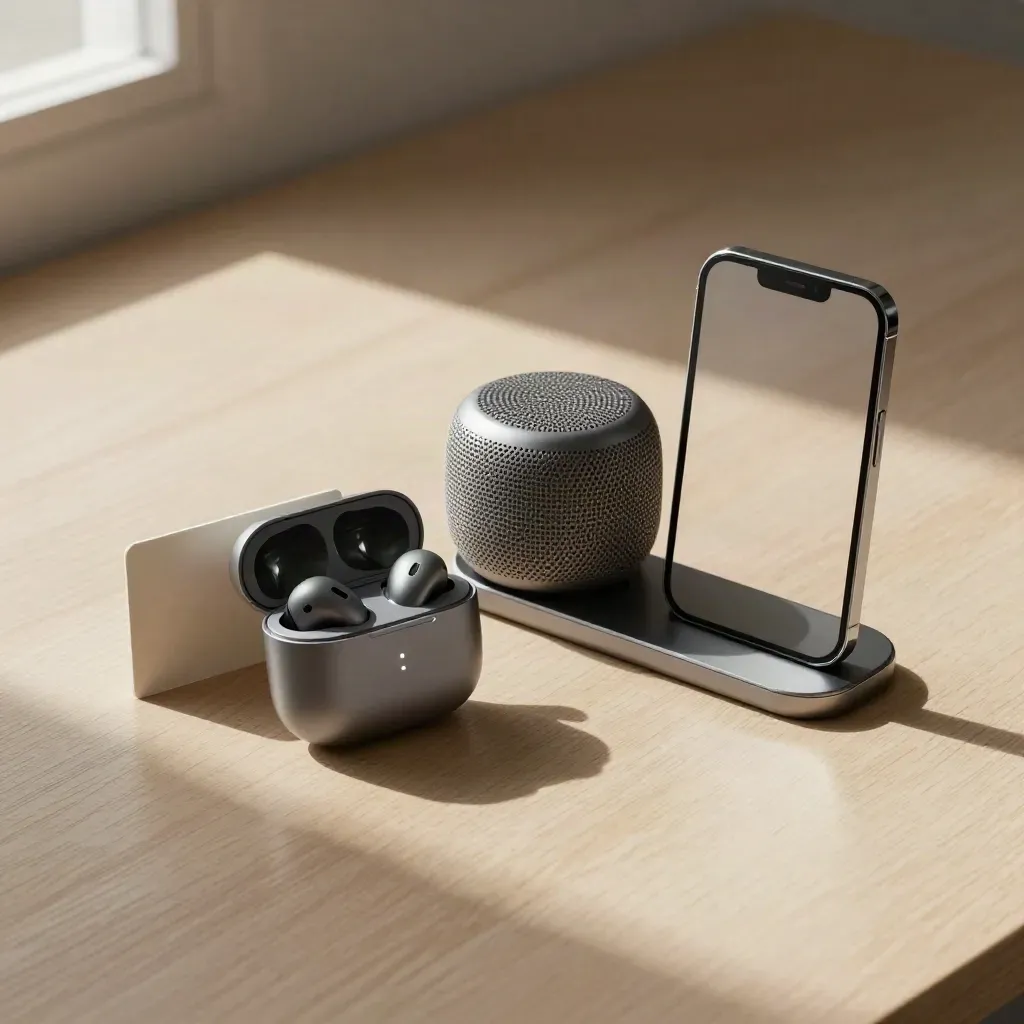 Open earbuds case, small speaker, and phone dock on pale wood under soft side light.