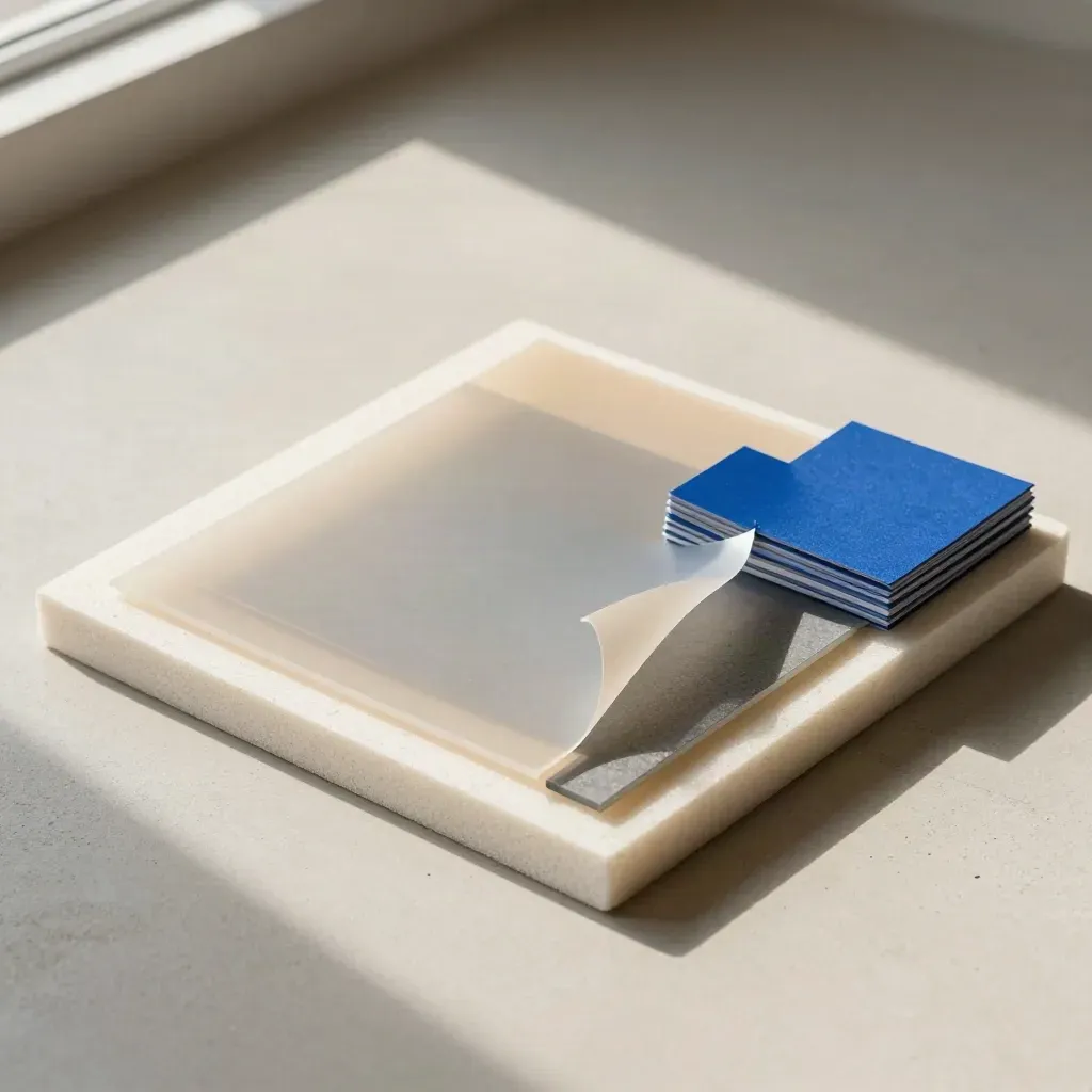 Concept boards, vellum overlays, and cobalt swatches arranged on pale concrete.