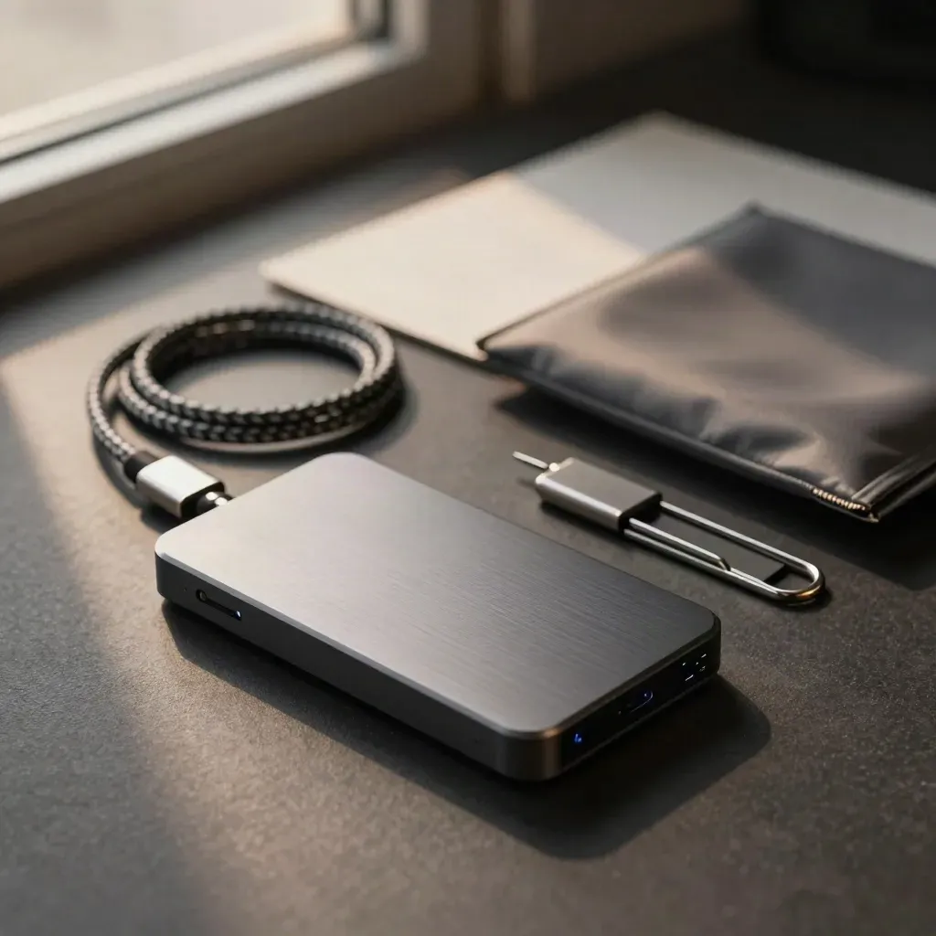 External SSD, braided cable, steel clip and sealed pouch on a dark worktop