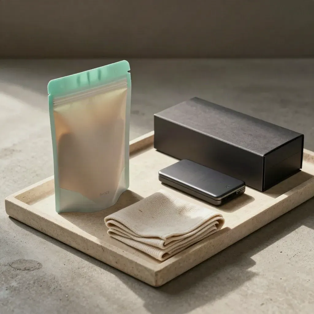 Stone tray with export pouch, backup drive, cloth sleeve, and hardware box on cool concrete.