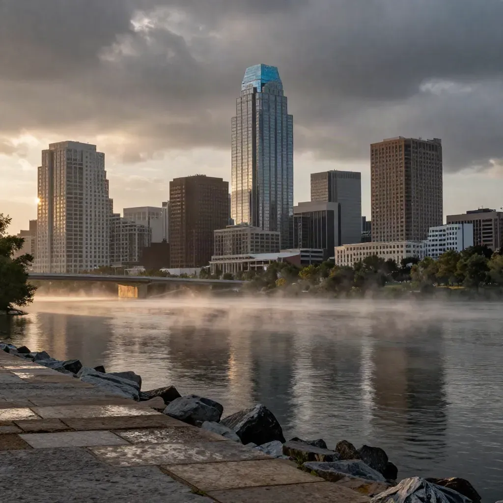 Austin skyline over misty Lady Bird Lake at sunrise after rain