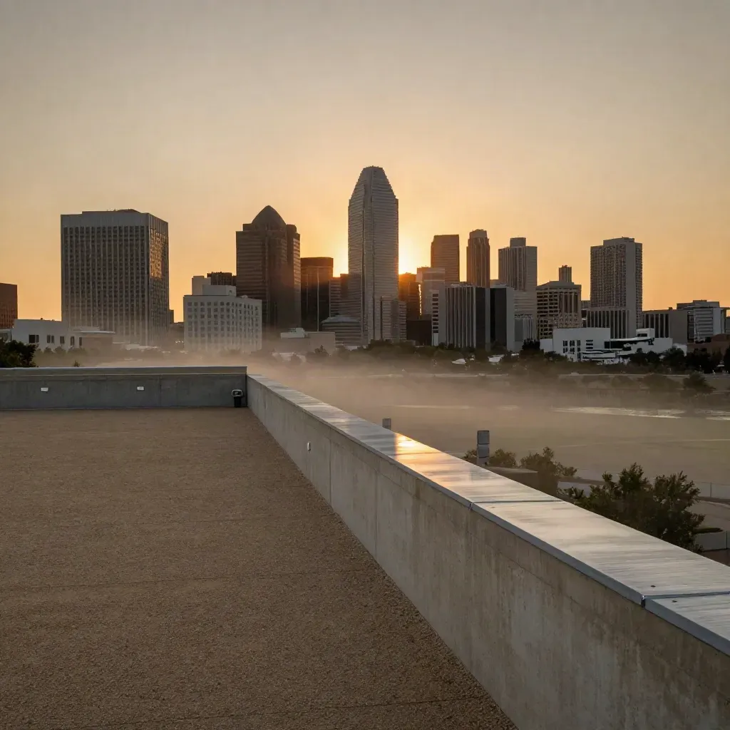 Dallas skyline over the Trinity corridor at amber sunset from a quiet rooftop edge