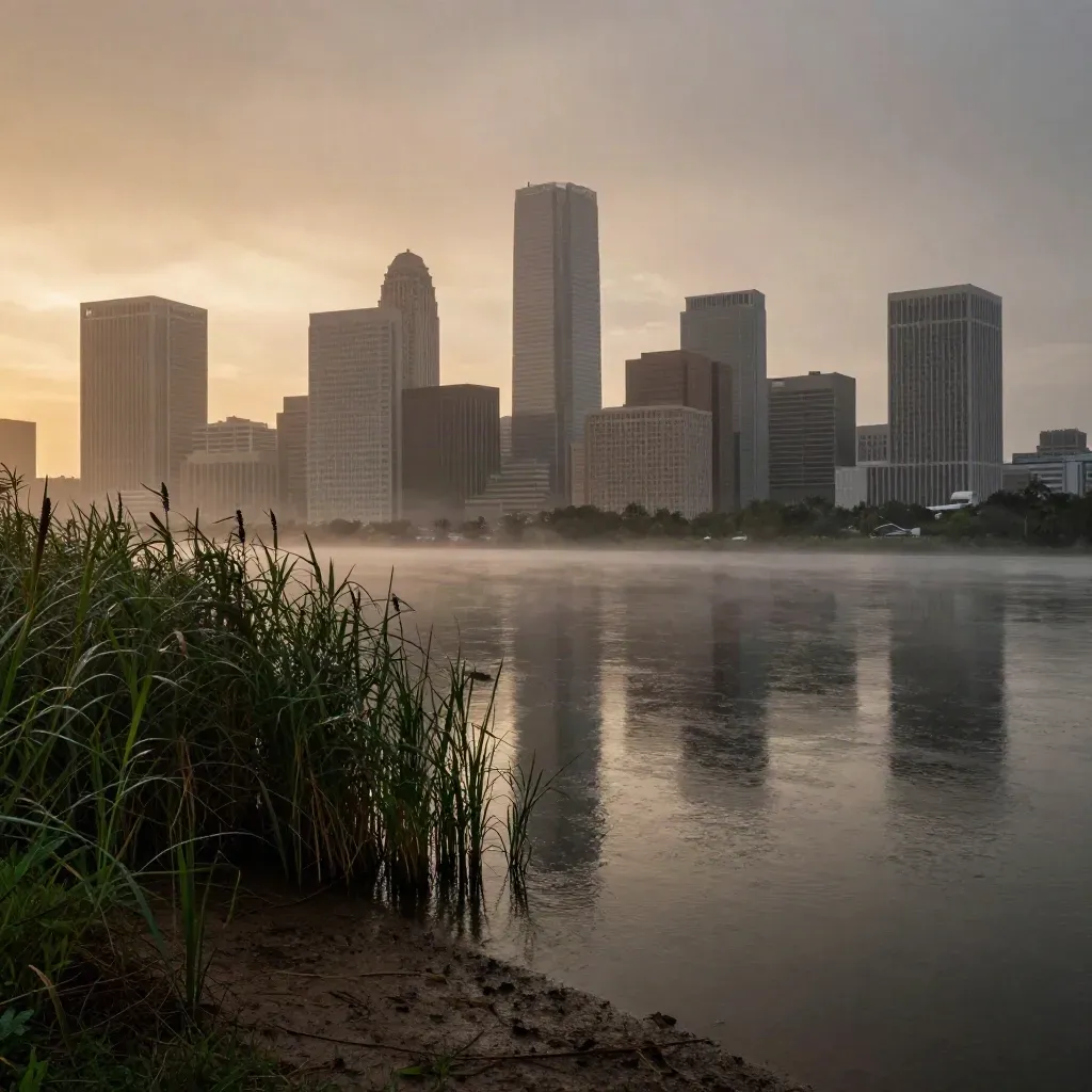 Houston skyline glowing above bayou reeds after rain, with misty copy space below.