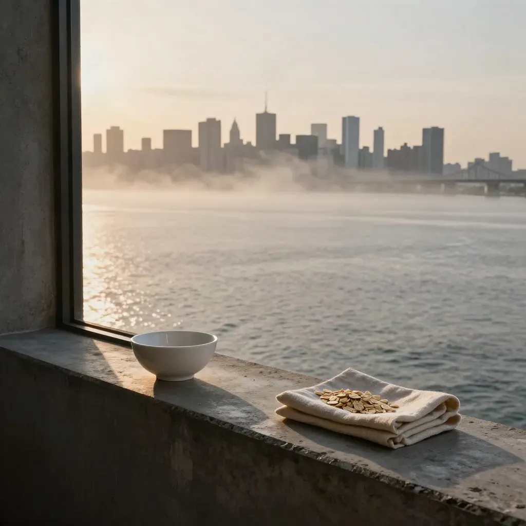 Fog-softened U.S. skyline beyond a loft ledge, bridge silhouette, calm water and warm dusk haze