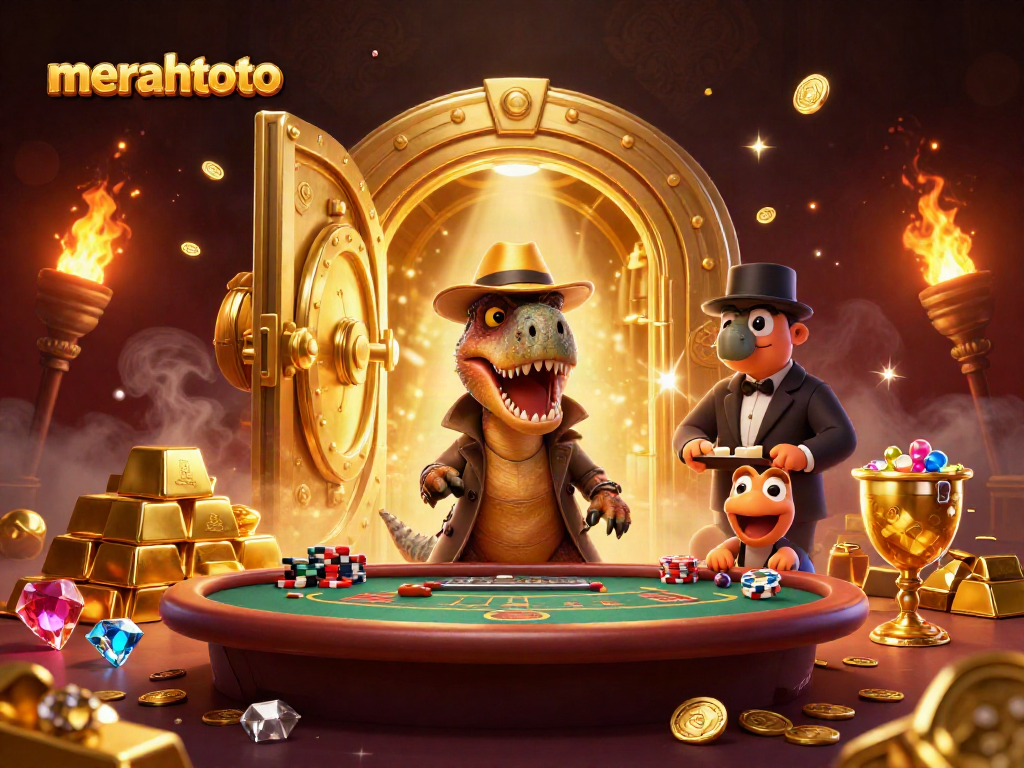Memenangkan taruhan di Merahtoto dengan ilustrasi menarik dari karakter dan elemen kasino.
