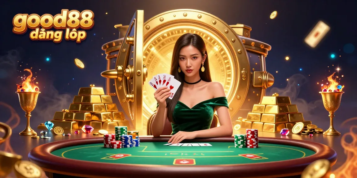 Experience the thrill of good88 đăng nhập with a stunning poker scene featuring luxurious elements and vibrant colors.