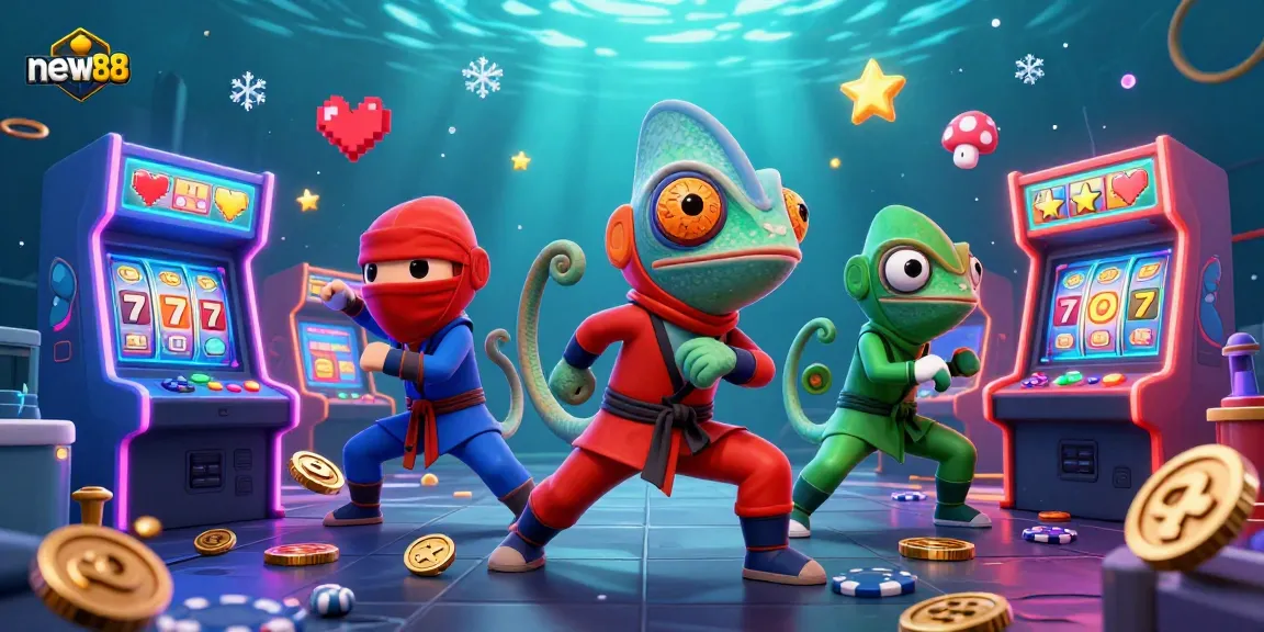 Experience new88 with vibrant chameleon ninjas and dynamic casino elements in engaging 3D illustration.
