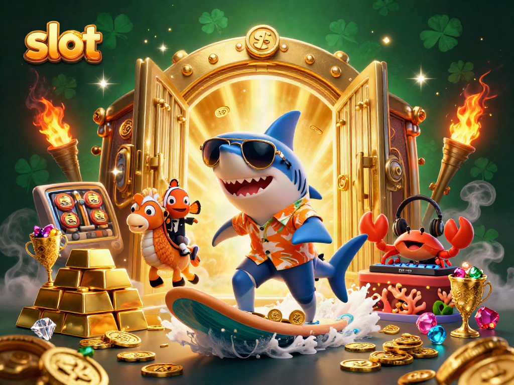 Spin the slot reels with a vibrant undersea casino scene featuring a shark, clownfish, and DJ crab.
