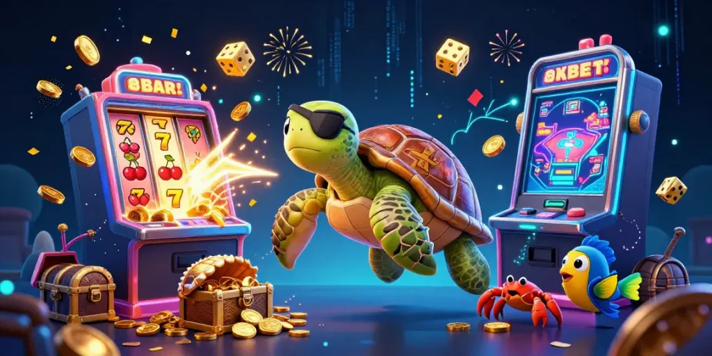 Engage with 8XBET's thrilling pirate-themed casino adventure featuring a cartoon turtle and treasure allure.