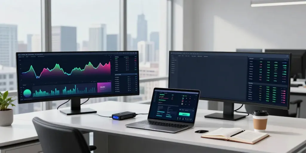AI Trading Software in a professional cryptocurrency trading space with real-time market analytics and digital wallet setup.