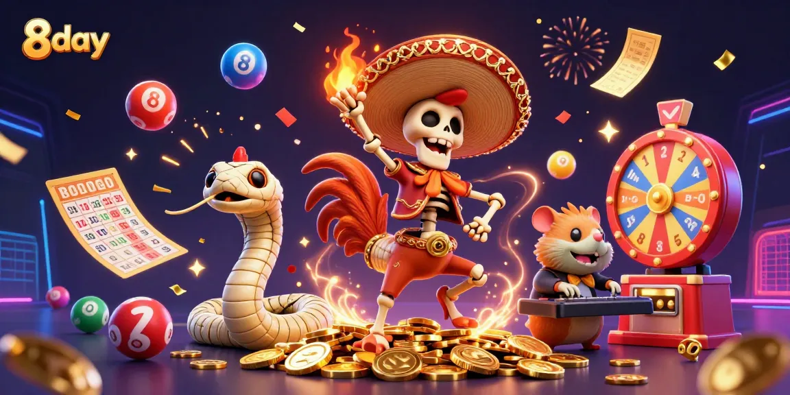 Witness the exciting 8day gaming adventure with vibrant characters celebrating winnings amidst colorful casino elements.
