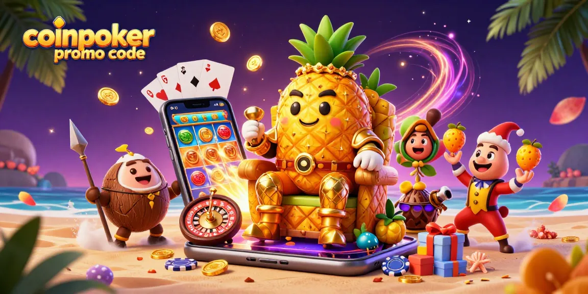 Profitez de l'excitation du code promo CoinPoker dans une illustration dynamique de casino 3D avec un roi fruité et des éléments de jeux.