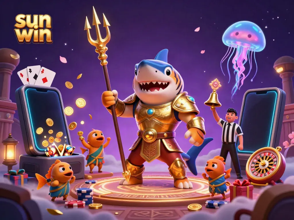 Engage with sun win at a vibrant underwater casino, featuring a tiger shark and exciting game elements.