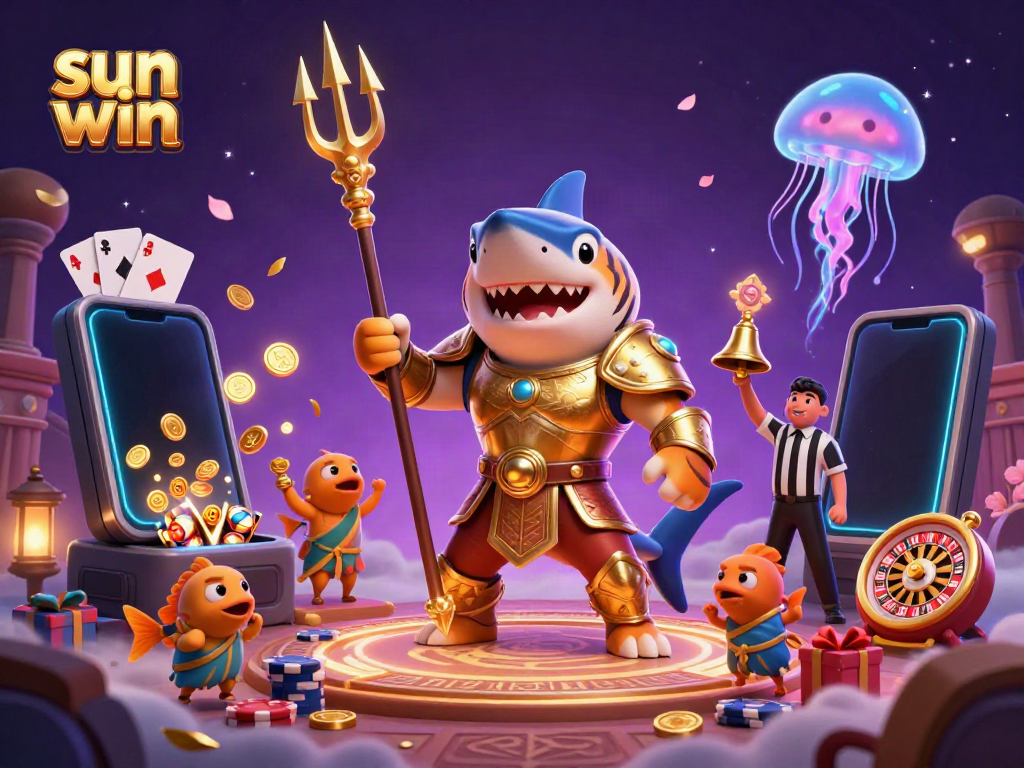 Engage with sun win at a vibrant underwater casino, featuring a tiger shark and exciting game elements.