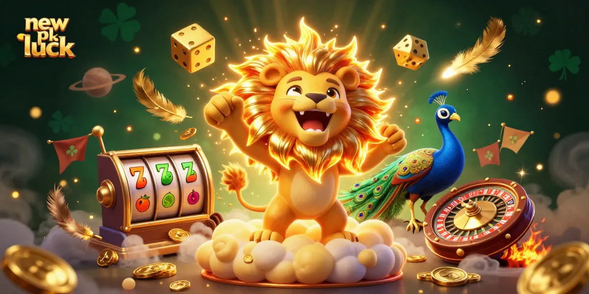 Spin for big wins at new pk luck with a roaring lion, golden dice, and slot machine fun!
