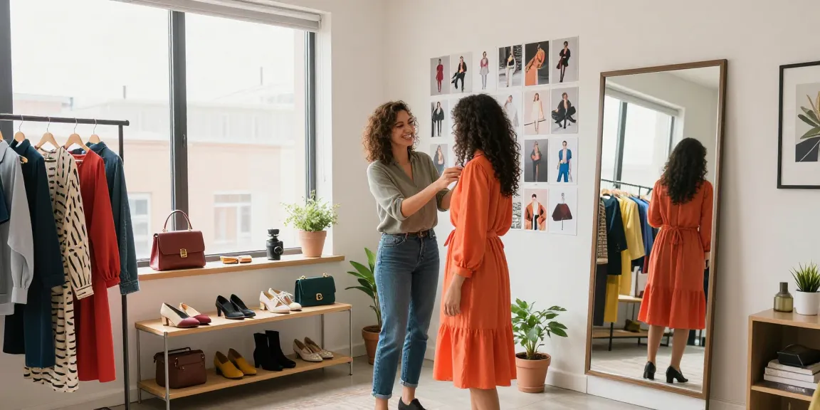 Consulenza di Personal shopping in un appartamento moderno con stilista e cliente.