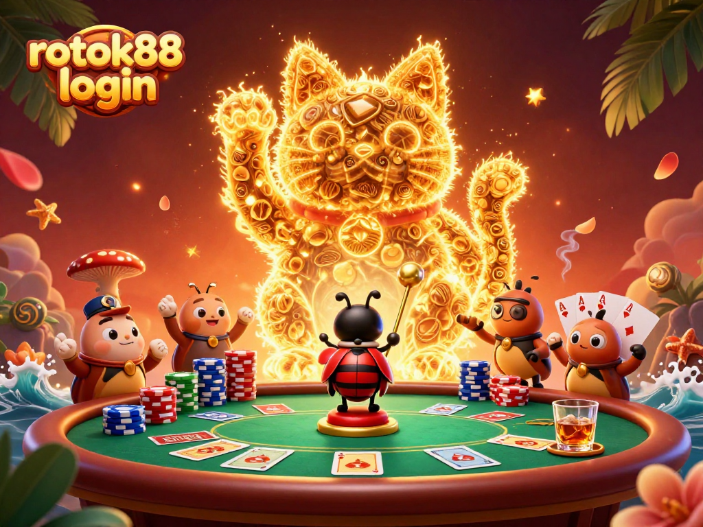 Experience the thrill of winning with rokok88 login, featuring a lucky cat amid vibrant casino elements.