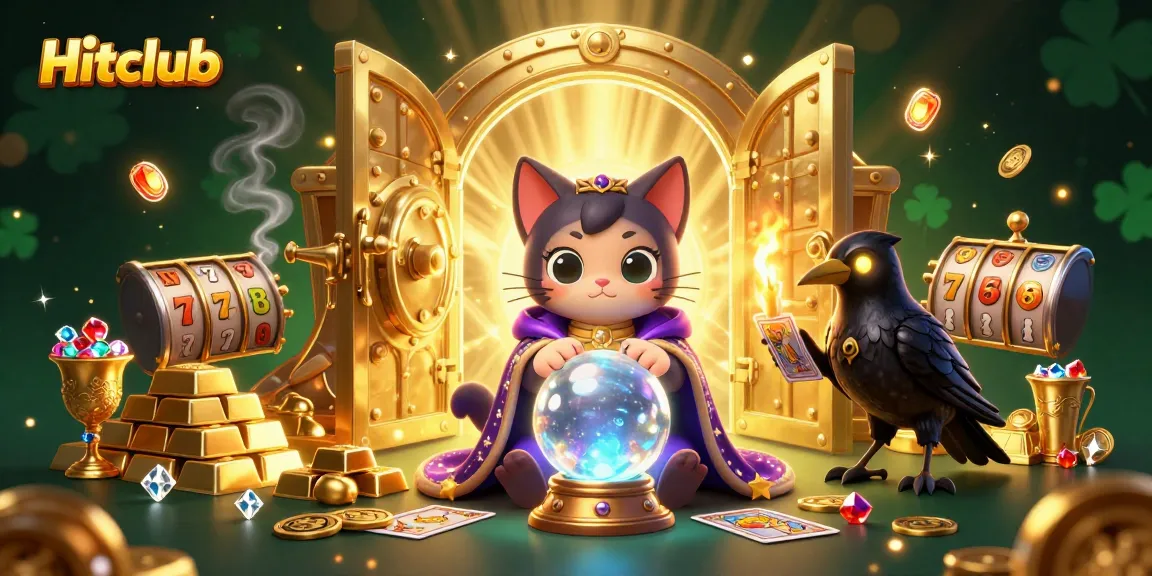Hitclub's thrilling 3D casino illustration showing a mystical cat and raven amid shimmering treasures.