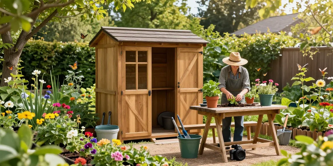 Wooden garden potting sheds surrounded by vibrant flowers and a gardener tending potted plants.