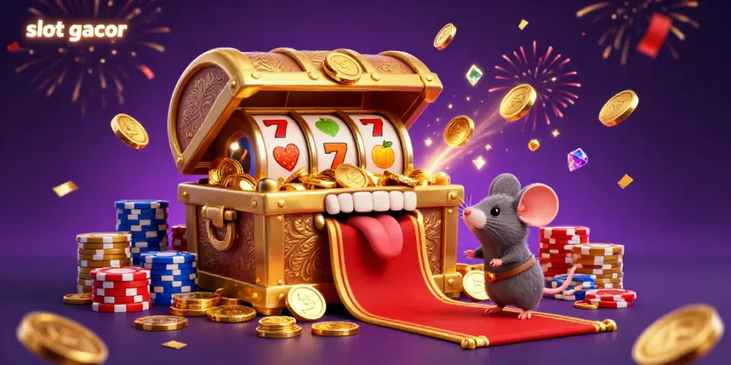 Experience the thrill of slot gacor with colorful coins, lucky sevens, and festive casino elements in this vibrant illustration.