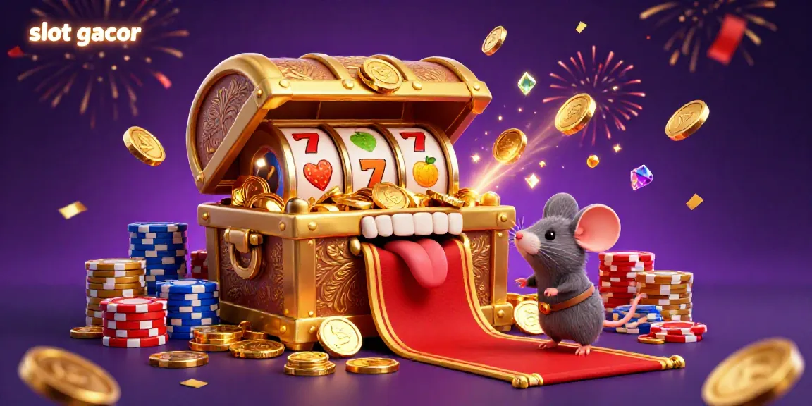 Experience the thrill of slot gacor with colorful coins, lucky sevens, and festive casino elements in this vibrant illustration.