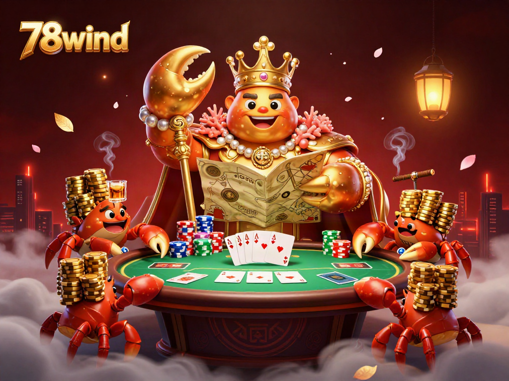 Engage with 78wind’s vibrant 3D casino scene featuring a golden crab emperor and poker elements.