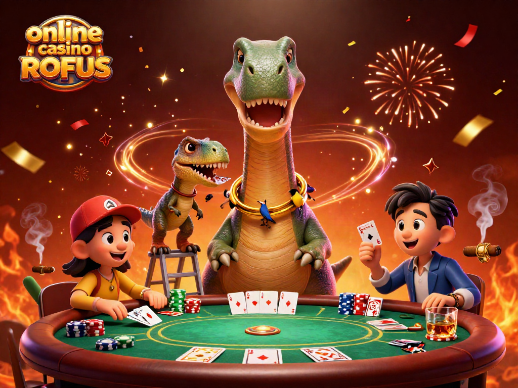 Engage in exciting games at an online casino uden ROFUS with dramatic animated characters and vibrant casino elements.