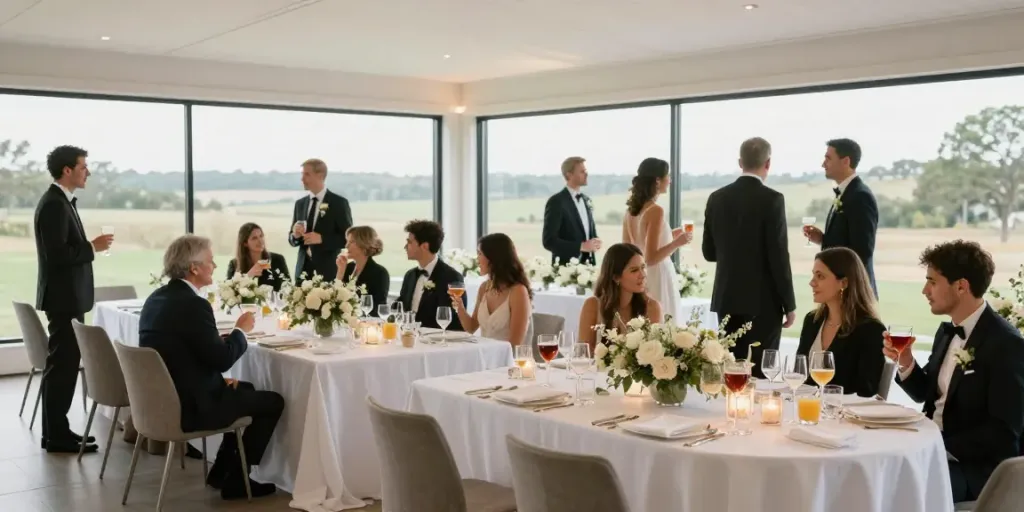 Venue pernikahan modern dengan konsep elegan dan suasana romantis, menampilkan tobrut88 5kw untuk hari spesial Anda.