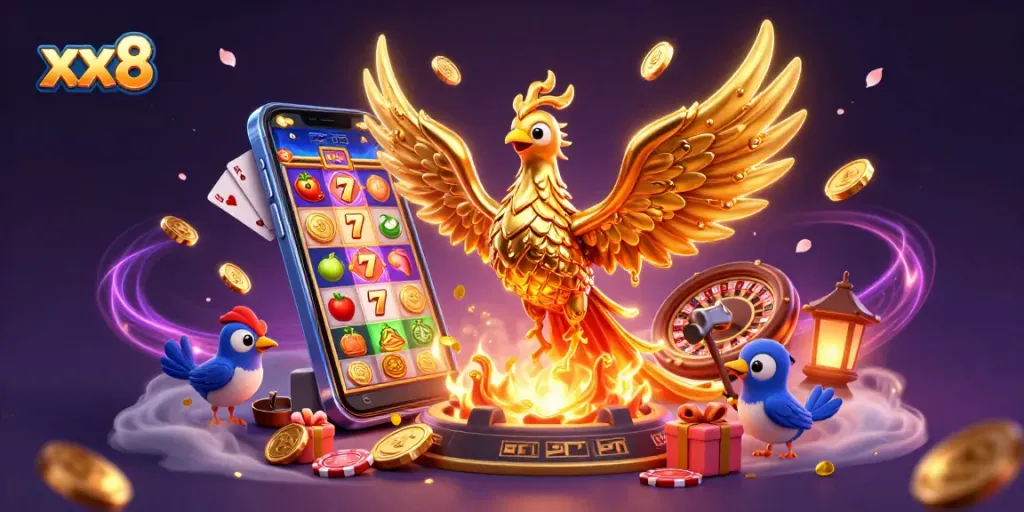 Experience thrilling moments at xx8 with golden phoenix and vibrant slot games illustrated.