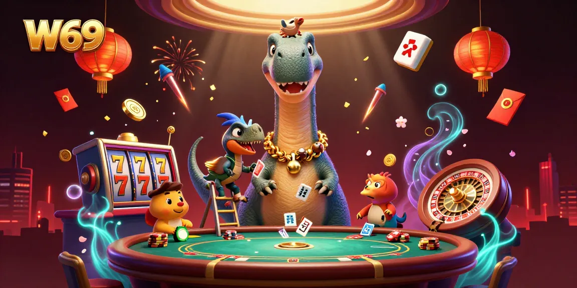 W69 offers engaging gaming scenes with a brontosaurus dealer and lively casino activities.