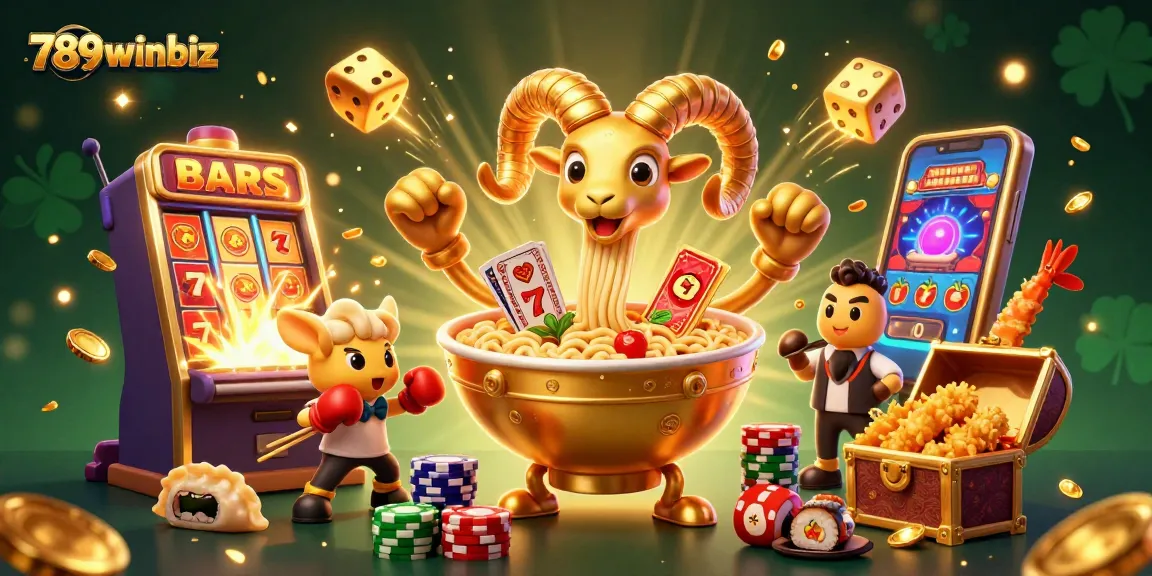 Engaging scene illustrating 789winbiz with a vibrant golden ramen bowl dealer and dynamic casino elements.