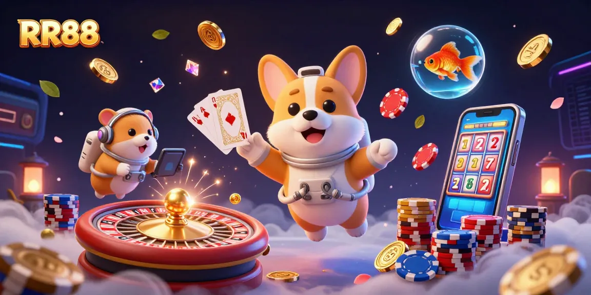 Experience thrilling games at RR88, where a corgi navigates a vibrant casino in space.