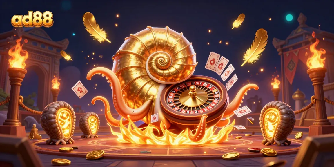 Spin and win with ad88's golden roulette nautilus amidst glowing treasures and vibrant casino elements.