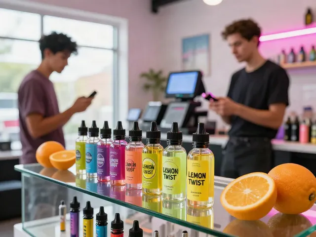 Lemon Twist Golden Coast Lemon Bar e-liquid displayed in a vibrant vape shop, attracting curious customers with colorful bottles and citrus fruits.